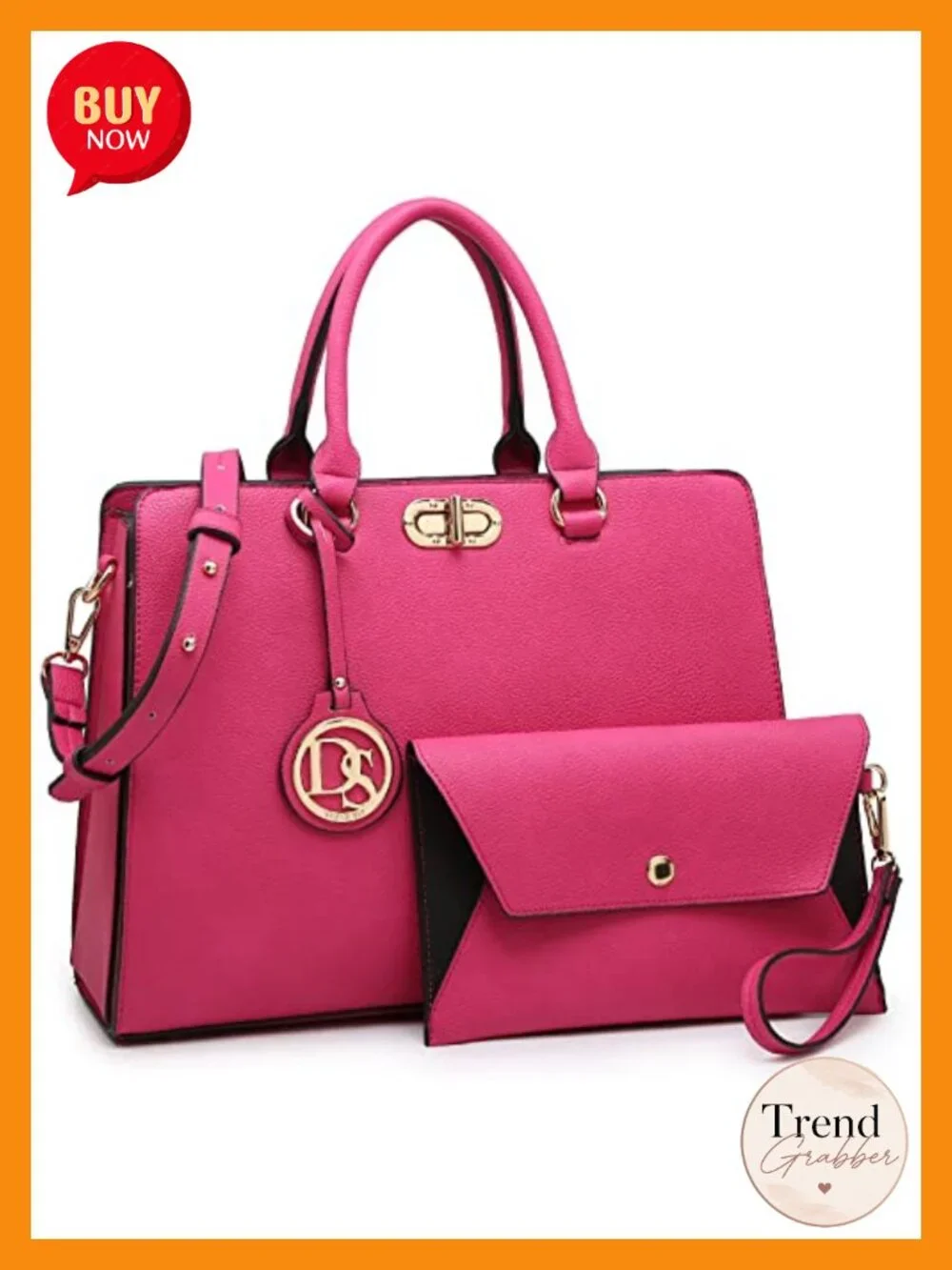 Vegan Leather Satchel Tote with Matching Clutch, Gold Hardware, Top Handle
